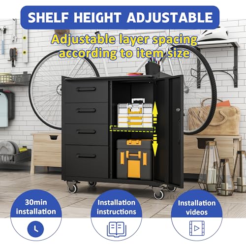 Mobile Tool Storage Cabinet with 4 Drawer and 1 Locking Doors - color: Black, style: 1 door 4 drawer with wheels