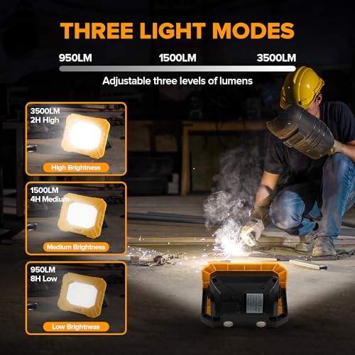 LUTEC 3500LM LED Work Light, Rechargeable Magnetic Work Lights with Stand, Portable 5000K Flood Light for Car Repair, Fishing, Camping, Emergency, Hiking, 3 Modes - color: Yellow, size: 1 Pack