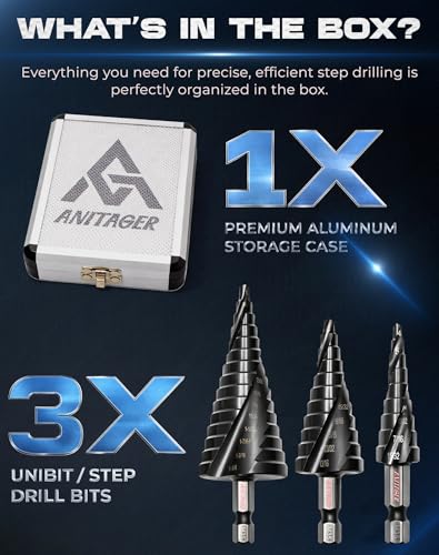 Unibit Step Drill Bit Set (3-Piece) M35 Cobalt HSS TiAlN - Up to 1-1/4" (32mm Max) – Spiral Groove for Stainless Steel, Sheet Metal & Plastic, 1/4" Hex Shank, Aluminum Case
