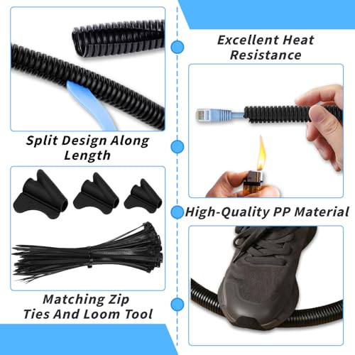 Oleitodh 1" 3/4" 1/2" 3/8" 1/4" OD Split Loom Tubing, 20ft Each, 5 Sizes - color: Black, size: 1/4,3/8,1/2,3/4,1in x 20ft