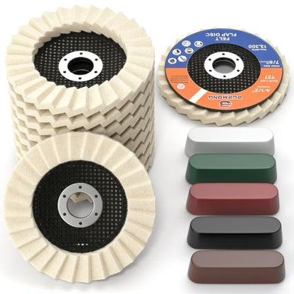 BURMONG 15 Pcs Wool Polishing Wheel & Compound Kit – 10 Buffing Wheels (4-1/2" x 7/8") + 5 Polishing Compounds–Felt Flap Disc for Angle Grinder – Multi-Surface Buffing for Metal, Wood & Automotive
