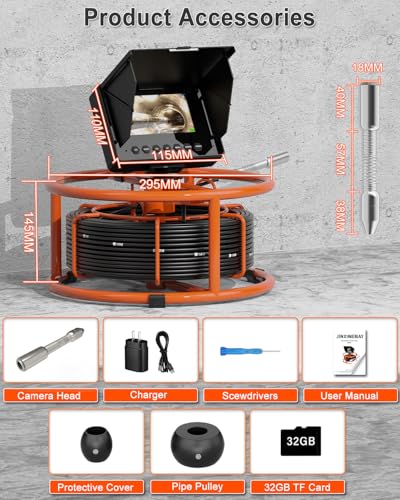 Sewer Camera, IP68 Drain Sewer Pipe Endoscope Camera 4.3" Screen with 32GB DVR,Borescopes Plumbing 8500mah Battery DVR Video Recording for Plumber (Camera 18MM) - size: Camera 18MM