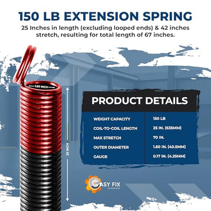 150 lb Red Garage Door Extension Springs, Heavy-Duty Double-Looped 2-Pack for 16 ft x 7 ft Doors, ASTM 229 Steel - size: 150-Red
