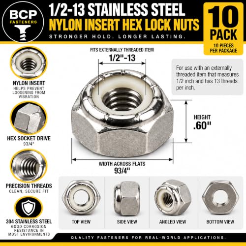 BCP Fasteners 1/2-13 Stainless Steel Nylon Insert Hex Lock Nuts, 10 Pack - size: 1/2-13 (10)
