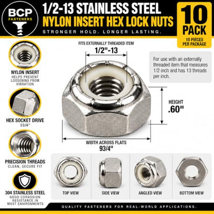 BCP Fasteners 1/2-13 Stainless Steel Nylon Insert Hex Lock Nuts, 10 Pack - size: 1/2-13 (10)