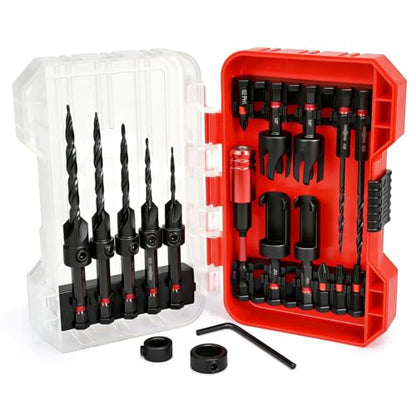 ANGELSWORD Countersink Drill Bit Set for Wood,19pc with Wood Plug Cutter