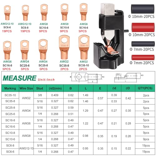 Twidec/160PCS Battery Cable Ends AWG 2 4 6 8 10 12 Gauge Copper Cable Wire Lugs,Ring Terminals Connectors,Copper Ring Terminals Connectors and Hammer Lug Crimper Tool 8 AWG to 0000 AWG - color: 161PCS