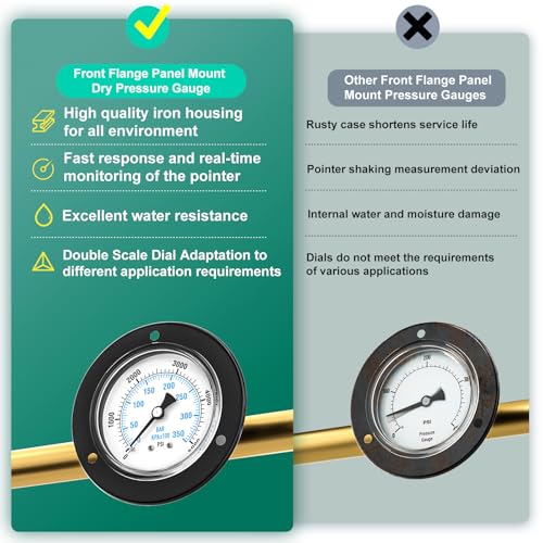 0-5000PSI Black Front Flange Panel Mount, Dry Pressure Gauge, 2.5" Dial Size, 1/4" MNPT, Iron Case, with Phillips Screw and Nut, for Water, Gas, Liquid Pressure - color: Dry - Iron Case, size: 0-5000PSI