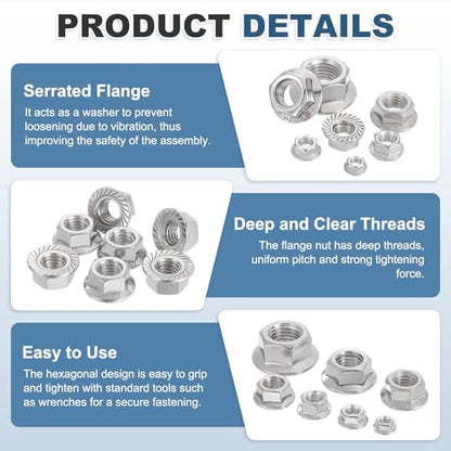 MECCANIXITY 50 Pcs M6x1mm Serrated Flange Hex Lock Nuts, 304 Stainless Steel Hexagon Flange Metric Locknuts Fasteners, Bright Finish for Furniture, Machine, DIY - size: M6x1