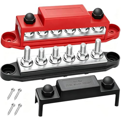 250A Bus Bar 12V Marine 1/4" Power Distribution Block Automotive Busbar Terminal Block,Battery Buss Bar (Pair, Red & Black) 6 x 1/4" Post Terminals - size: 250A 6x1/4"