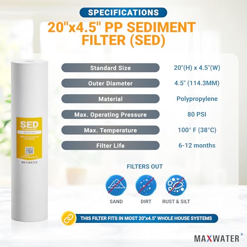Max Water 5 Micron 20 x 4.5 Sediment Filter 20 inch Whole House BB Water Filteration System Replacement Compatible Cartridge DGD-5005-20, FP25B, AP810-6, FPMB5-20, P5-20, 155358-43, 6 Pack - size: 6 Count, style: 5 Micron