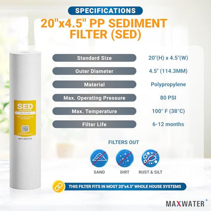 Max Water 5 Micron 20 x 4.5 Sediment Filter 20 inch Whole House BB Water Filteration System Replacement Compatible Cartridge DGD-5005-20, FP25B, AP810-6, FPMB5-20, P5-20, 155358-43, 6 Pack - size: 6 Count, style: 5 Micron