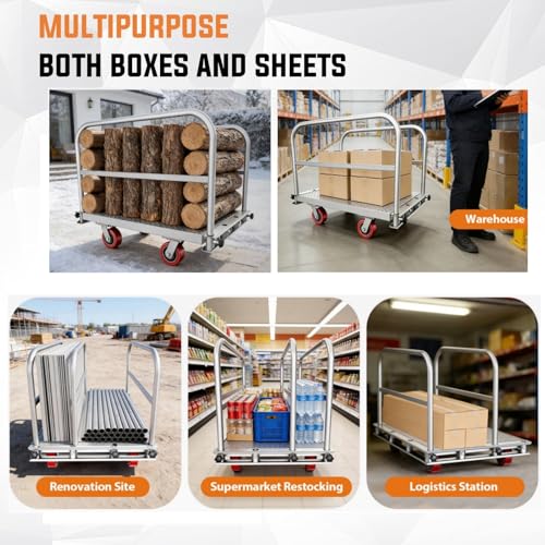 Steel Panel Truck Cart, Platform Truck, Heavy Duty Lumber Drywall Dolly, Flatbed with 2500 lbs Capacity and 4 Swivel Casters, 36x24inch Steel Board with 3 Side Handrails