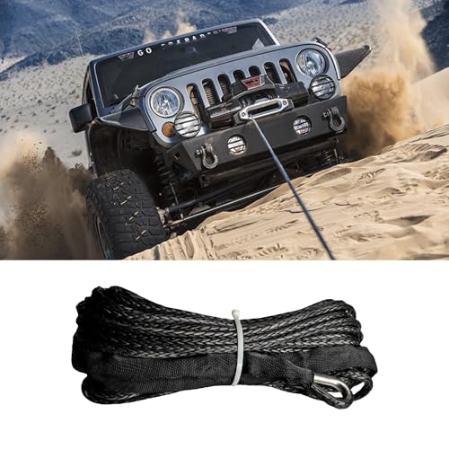 1/4 Inch x 50 Foot 10000 lb Synthetic Winch Rope Kit, Black - color: Black