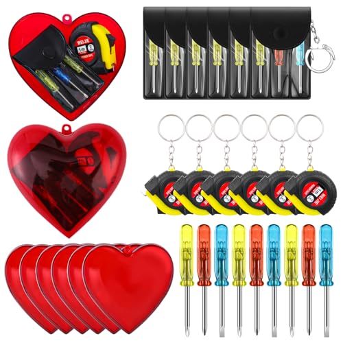 Kingdder 36Pcs Valentine Gift Set for Men Mini Tape Screwdriver Keychain Heart Shaped Box Set Boyfriend Husband Adult Gifts Bulk Valentine Tape Screwdriver Keychain for Men Wedding Anniversary