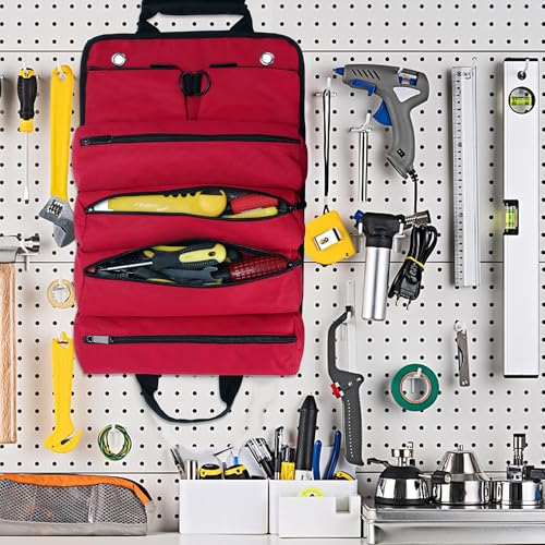 Tool Roll Bag, Tool Bag Organizer, Tool Carrier Roll UP Storage Pouches with 6 Zipper Pockets & Strap, Gifts for Men Mechanic Electrician Hobbyist (Red) - color: Red