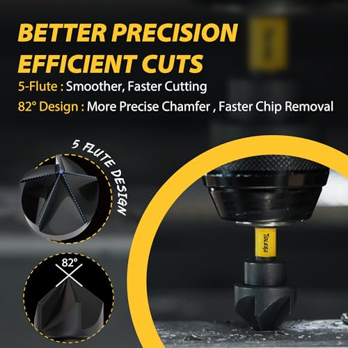 TOLESA 5PCS Countersink Drill Bit Set with 82 Degree 5 Flutes Design, Nitride Coating HSS 1/4" Hex Shank Counter Sink Drill Bit for Wood, Metal, Plastic in Size 1/4” 3/8” 1/2” 5/8” 3/4”