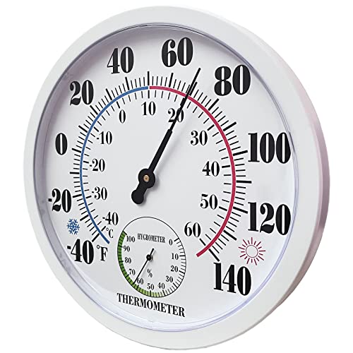 Indoor Outdoor Thermometer Large Wall Thermometer-Hygrometer Waterproof Does not Require Battery (White) - color: White1, size: 10 Inch