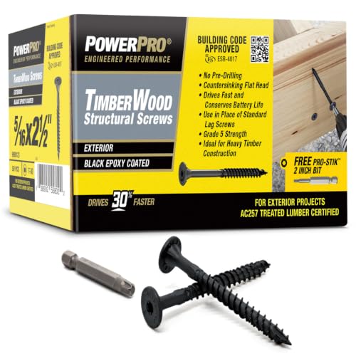 Power Pro TimberWood Structural Screws, 5/16in x 2-1/2in, 50 Pieces, Black - color: Black, size: 5/16 inch x 2-1/2 inch, style: 50pc