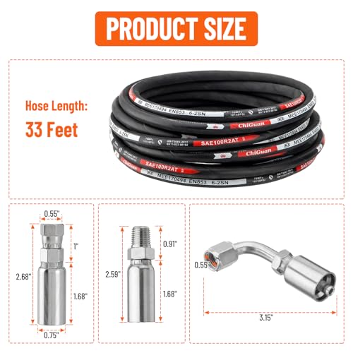 33FT 1/4" Hydraulic Hose with 16PCS Hydraulic Hose Fittings - size: 1/4" Hydraulic Hose - 33FT