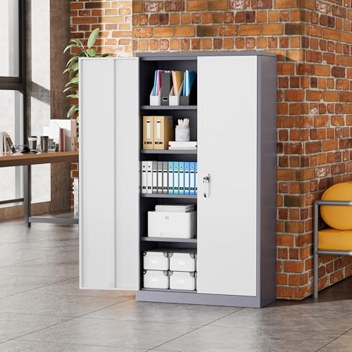 Greenvelly Metal Storage Cabinet, 72" Locking Metal Garage Storage Cabinet with Doors and 4 Adjustable Shelves, Lockable Steel Cabinet for Home Office, Garage, Shop, School (White Grey 36" W x 18" D) - color: White Grey, size: 72 Inch - 36W