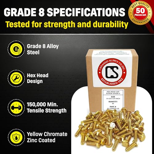 Chenango Supply 1/4-20 x 3/4" Grade 8 Hex Head Bolts - size: 1/4-20x3/4 50pcs