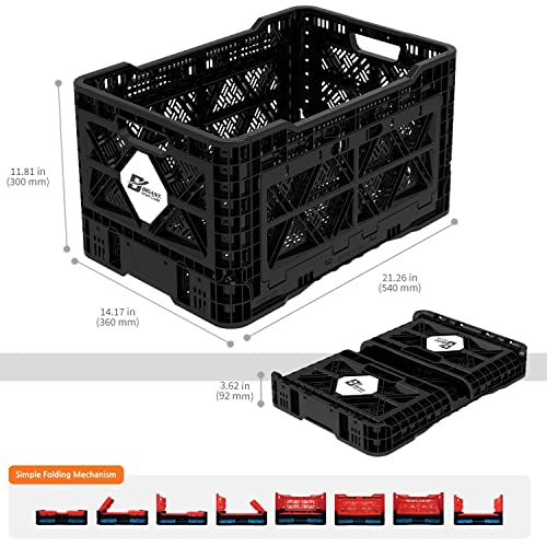 Bigant Heavy Duty Collapsible & Stackable Plastic Milk Crate-Medium Size, Black, Stackable Open Front Organizer, Set of 1, Snap Lock Foldable Industrial Garage Storage Bin Container Utility Basket