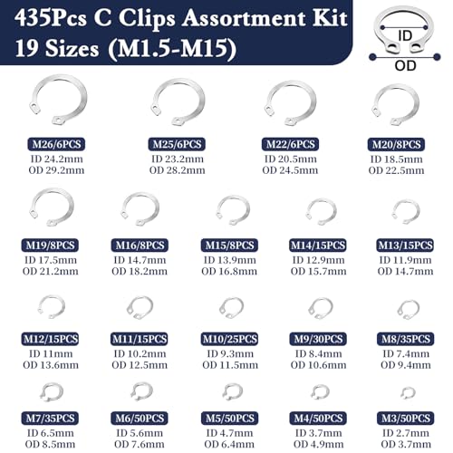 ZQZ C Clips Assortment Kit (M3-M26), 435 Pcs External Retaining Rings Set - color: Silver, size: Stainless Steel 435pcs C-clips
