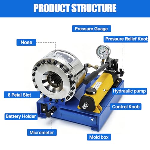 Hydraulic Hose Crimper with 9 Sets of Dies, High Pressure Hydraulic Hose Crimping Tool, Manual Crimping Machine, Crimp 1/8" - 1" Hoses for Automotive, Industrial & Plumbing Pipes