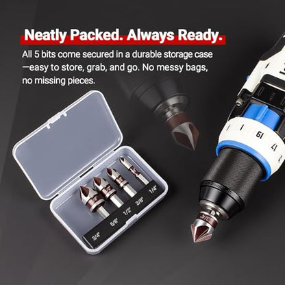 5 Pcs Countersink Drill Bit Set, 82-Degree HSS Drill Bit(1/4" to 3/4"), Quick Change Hex Shank, 5 Flute Premium Countersink Bits for Wood, Metal, Plastic – Durable & Rust-Resistant