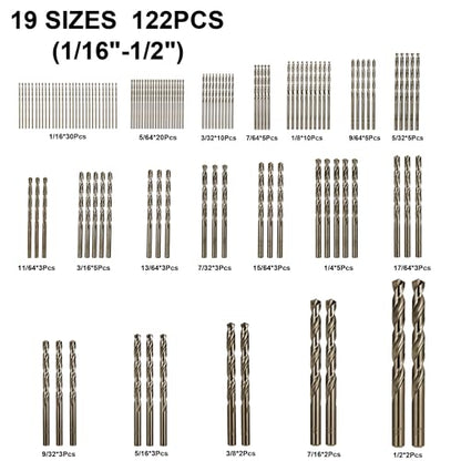 Cobalt Drill Bits Set for Hardened Metal and Stainless Steel, 122Pcs 1/16"-1/2" M35 HSS Twist Jobber Metal Drill Bits, with Index Storage Case - size: 1/16-1/2 in (122 pcs)
