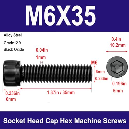 M6-1.0 x35mm Socket Head Cap Screws Bolts, Grade 12.9 Alloy Steel Black Oxide, M6 35mm Allen Socket Drive, Machine Thread with Hex Spanner,20 PCS (M6X35) - size: M6X35mm