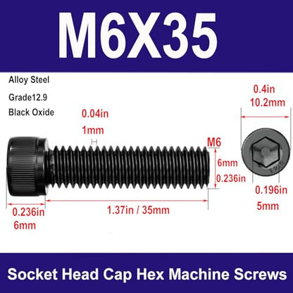 M6-1.0 x35mm Socket Head Cap Screws Bolts, Grade 12.9 Alloy Steel Black Oxide, M6 35mm Allen Socket Drive, Machine Thread with Hex Spanner,20 PCS (M6X35) - size: M6X35mm