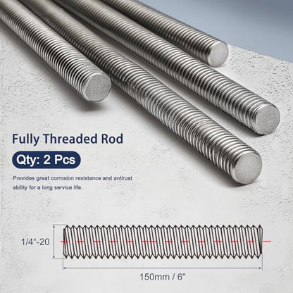 2 Pack 1/4"-20 Fully All Threaded Rod & Studs, 6" Length - size: 1/4"-20 x 6"