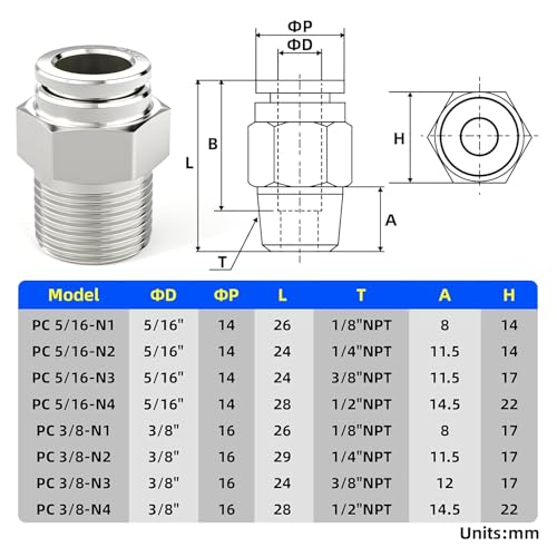 TAILONZ 304 Stainless Steel 3/8" x 1/8" NPT Push to Connect Straight 5Pcs - size: 3/8''OD 1/8''NPT