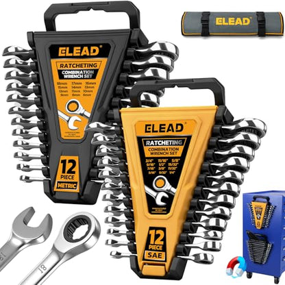 ELEAD 24-Piece Ratcheting Wrench Set, Metric 6-18mm & SAE 1/4"-3/4", 12-Point 72-Tooth CR-V Steel Combination Wrenches with Tool Roll Bag and Magnetic Wrench Organizer for Automotive Repair - color: 24-piece Ratchet Yellow&black