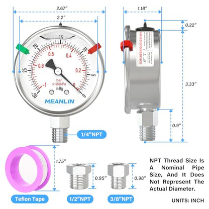 MEANLIN MEASURE -30inHG~0Psi Vacuum Pressure Gauge 316 Stainless Steel Joint 1/4"NPT 2.5"FACE DIAL, Liquid Filled Pressure Gauge WOG Water Oil Air Lower Mount with Stainless Steel Hex Bushing, Snaps - size: -30inHG-0Psi, style: Lower Mount