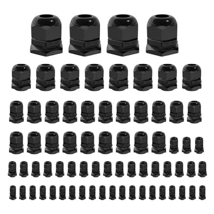 Cable Glands 72 pcs Cable Gland Waterproof joints, Adjustable Black 3-24mm Waterproof Cable Connectors PG7 1/4" 1/2" 3/4" 1" NPT Plastic 4 cable glands and Gaskets in PP Box
