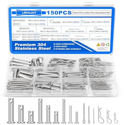 150PCS Premium 304 Stainless Steel Clevis Pins Cotter Pins R Clips Assortment Kit, 15 Sizes Single Hole Flat Head Cotter Clips Fasteners for Trailer Hitch, Automotive, Machinery Use - size: 150Pcs - 15 Sizes