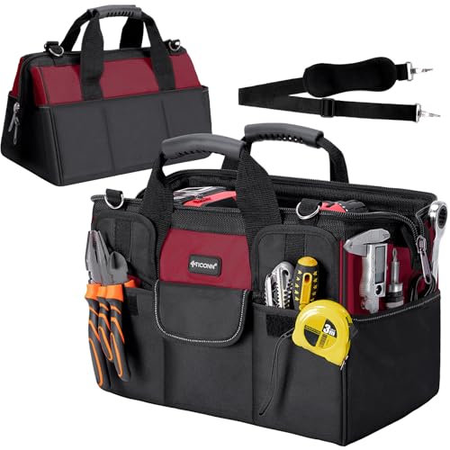 TICONN Heavy Duty Tool Bag Organizer, Portable Tool Box with Shoulder Strap - color: Red, size: 16" Standard Base