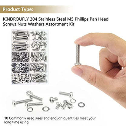 212 Pieces M5 x 6/8 /12/16 /20/25 /30mm Phillips Pan Head Machine Screws Nuts Washers Assortment Kit, 304 Stainless Steel, Fully Machine Thread - size: M5, style: Phillips Pan Head