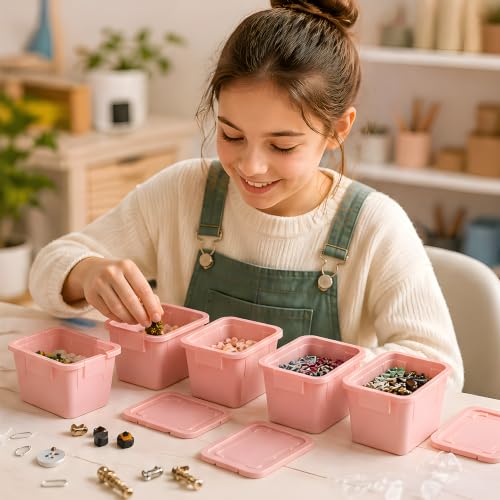 Mini Storage Bins with Lids, Pink, 6 Pack - color: Pink