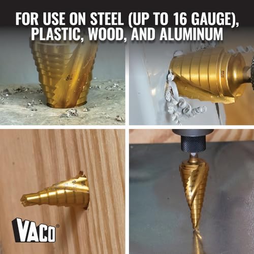 Klein Tools 25961 Step Drill Bit, 7/8 to 1-1/8-Inch, Spiral Double-Fluted, Cut Thin Metal, Plastic, Aluminum, Wood, 1/4-Inch Hex Shank, VACO
