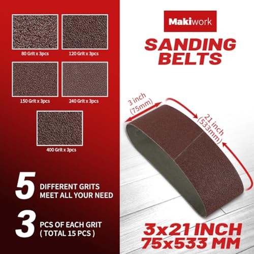 3 x 21 Inch 75 x 533 mm Sanding Belts Set - 15-Pack with 80/120/150/240/400 Grits, Aluminum Oxide Abrasive Belts for Woodworking - size: 3 x 21(15pcs)