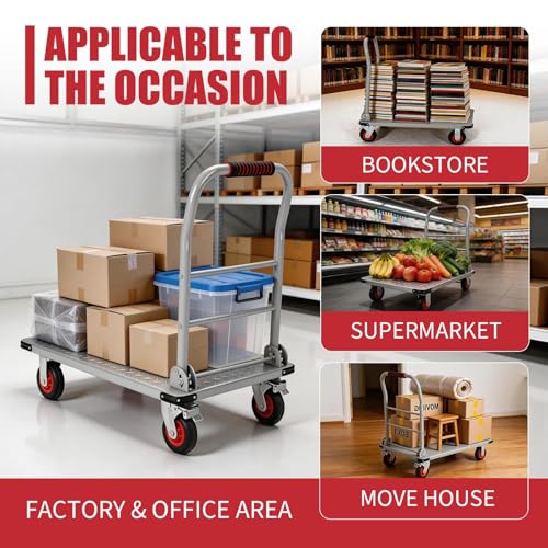 Heavy Duty 1800LBS Steel Platform Truck Cart – 36"x24" Flatbed Push Cart, 6" Swivel Wheels & Brakes, Collapsible Handle, Utility Dolly for Warehouse & Garage – Silver + Orange Wheels