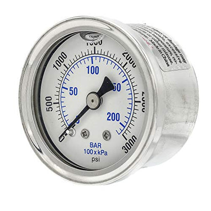 PIC Gauges 202L-158P Center Back Mount Glycerine Filled Pressure Gauge w/ SS Case/Bezel, Brass Internals, PC Lens, 1.5" Dial, 0/3000 psi Range, 1/8" Male NPT - style: 0 - 3,000 PSI