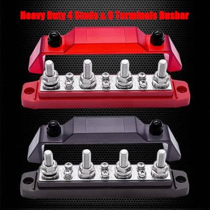 Ampper 4 x M8 Posts Power Distribution Block BusBar 6 M4 Screws, 6.3" R & B - color: Red & Black, size: 4M8+6M4