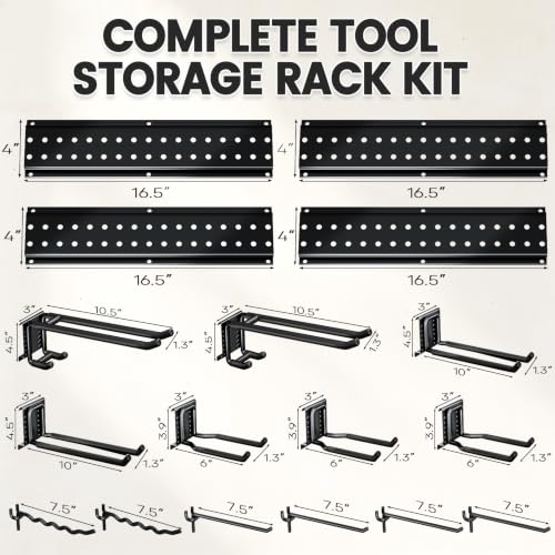 Garage Tool Organizer Wall Mount, 66 Inch Heavy Duty Garage Organization System with 13 Adjustable Hooks, Garden Tool Storage Rack for Garage, Yard & Shed, Holds Up to 520 lbs - size: 66" | 4 Panels + 13 Hooks