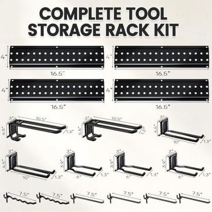 Garage Tool Organizer Wall Mount, 66 Inch Heavy Duty Garage Organization System with 13 Adjustable Hooks, Garden Tool Storage Rack for Garage, Yard & Shed, Holds Up to 520 lbs - size: 66" | 4 Panels + 13 Hooks