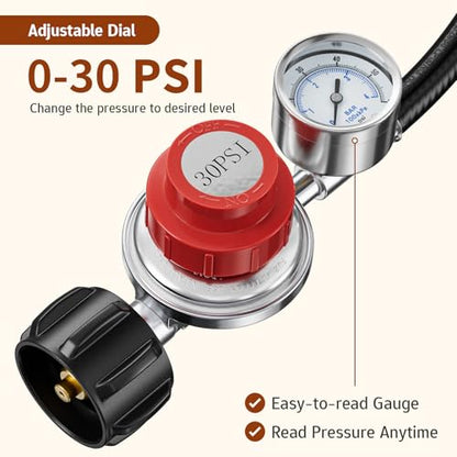 0-30 PSI Adjustable Propane Regulator with Gauge, 5 FT - size: 5 Feet